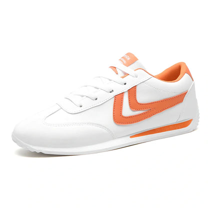 Men's Korean style breathable white shoes with round toe, flat 1-3cm heel, rubber sole, 0.8kg, available in black, orange, green accents