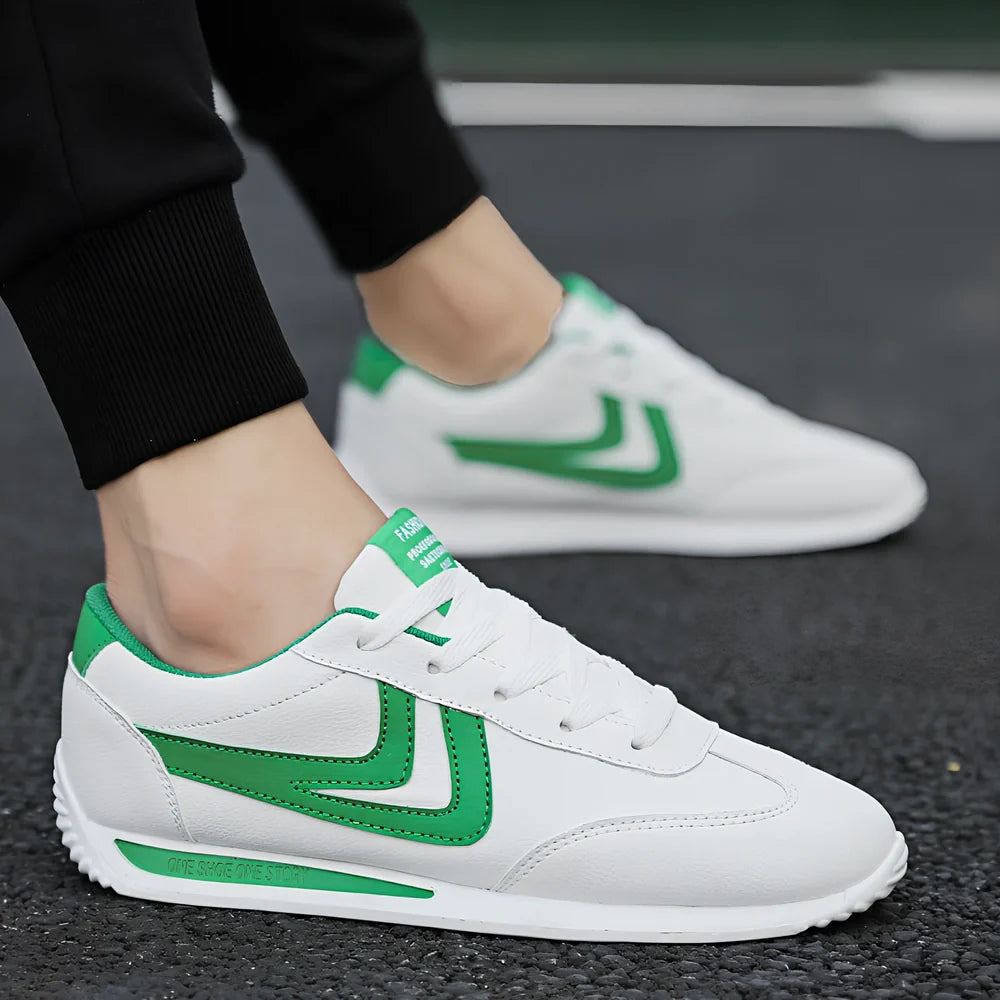 Men's Korean style breathable white shoes with round toe, flat 1-3cm heel, rubber sole, 0.8kg, available in black, orange, green accents