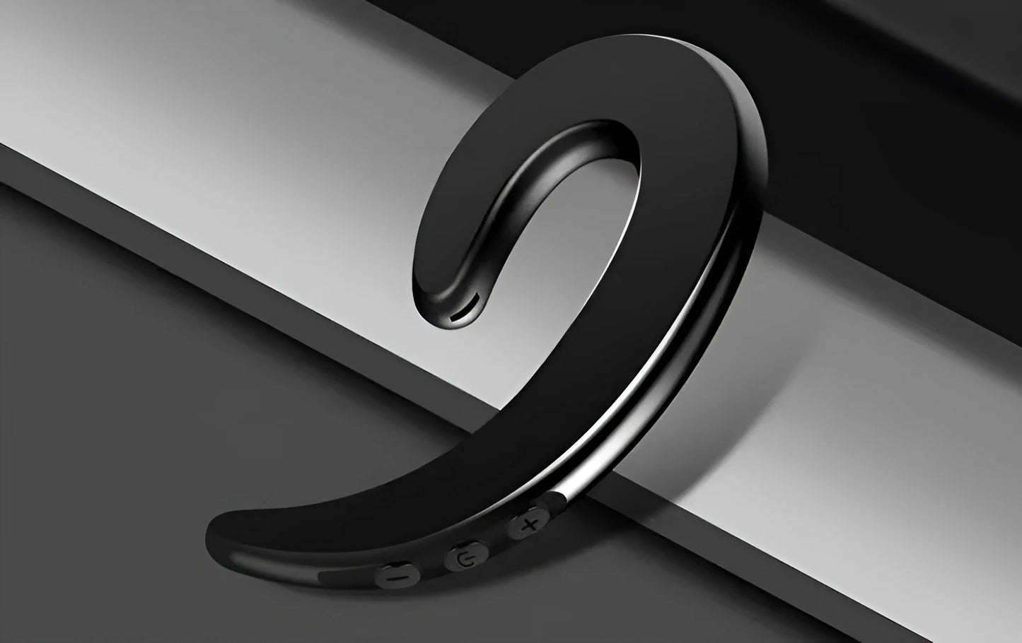 Black wireless Bluetooth ear-hook earphones shown from the side, highlighting the over-ear hook design.