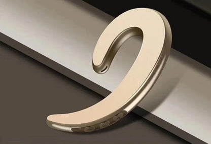 Black wireless Bluetooth ear-hook earphones shown from the side, highlighting the over-ear hook design.