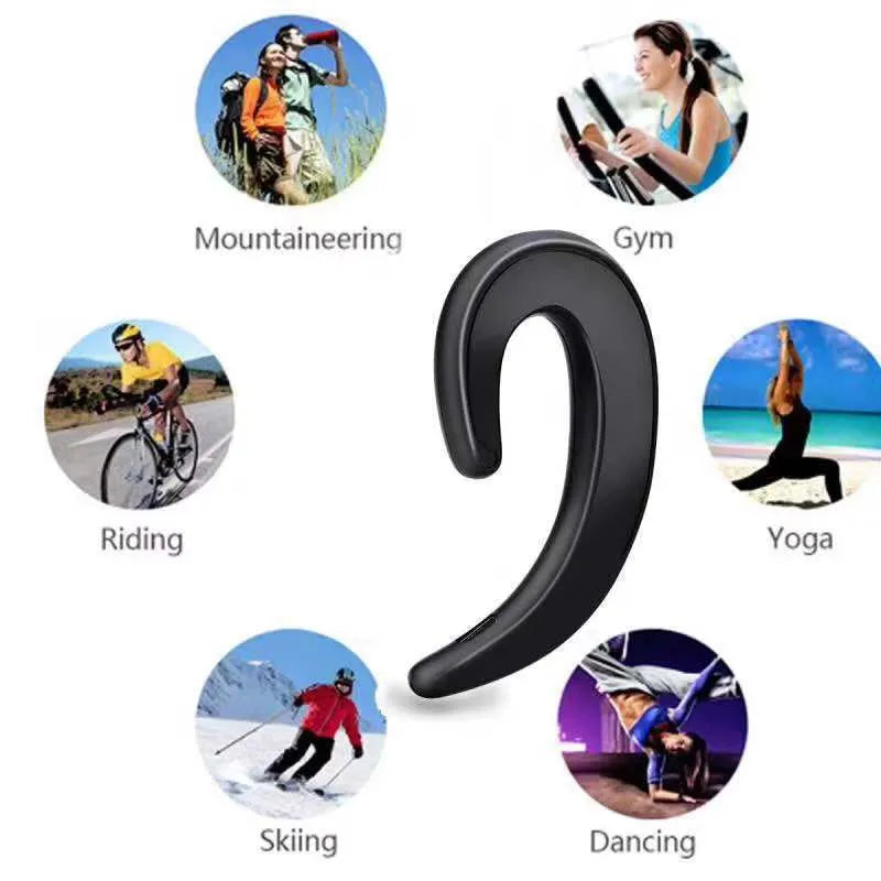 Black wireless Bluetooth ear-hook earphones shown from the side, highlighting the over-ear hook design.