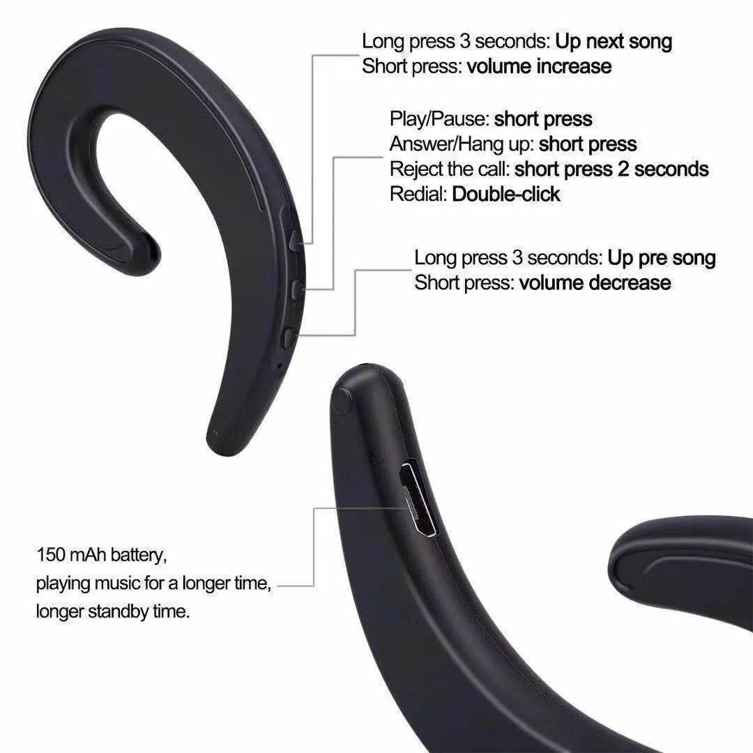 Black wireless Bluetooth ear-hook earphones shown from the side, highlighting the over-ear hook design.