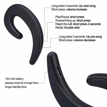 Black wireless Bluetooth ear-hook earphones shown from the side, highlighting the over-ear hook design.