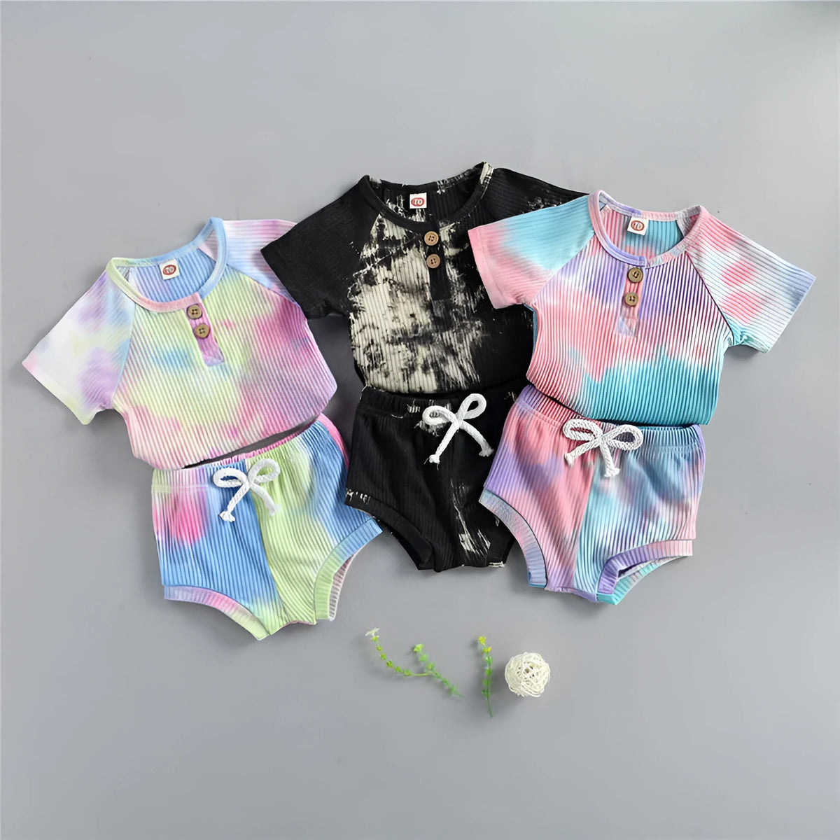 Baby summer tie dyed clothing set with long-sleeve knitted top and shorts in black, pink or yellow, sizes 6M to 24M