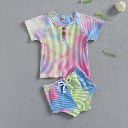 Baby summer tie dyed clothing set with long-sleeve knitted top and shorts in black, pink or yellow, sizes 6M to 24M