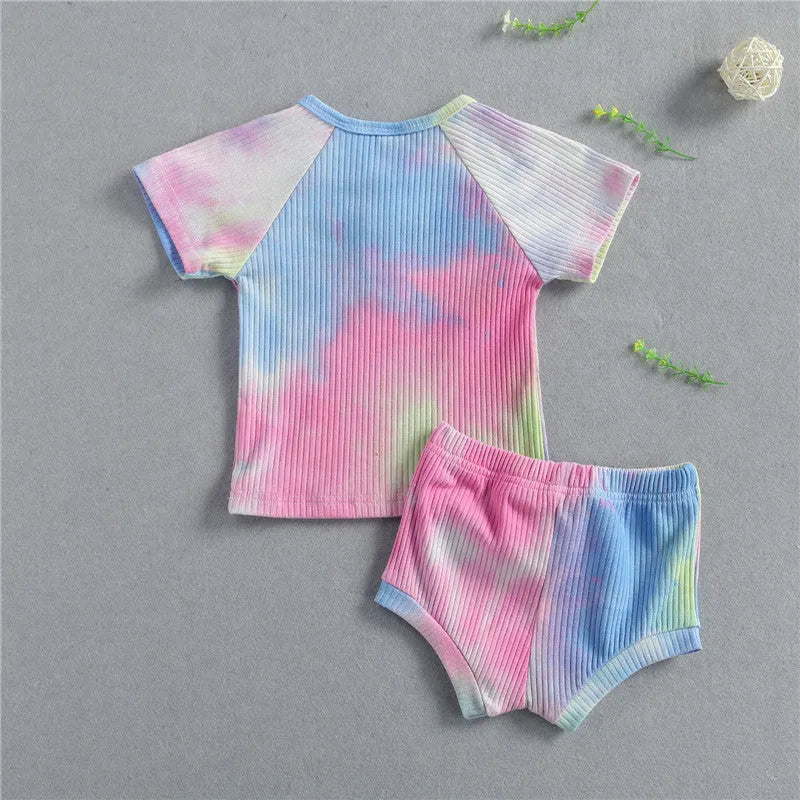 Baby summer tie dyed clothing set with long-sleeve knitted top and shorts in black, pink or yellow, sizes 6M to 24M
