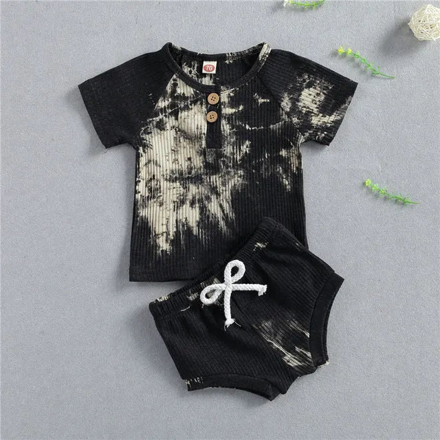 Baby summer tie dyed clothing set with long-sleeve knitted top and shorts in black, pink or yellow, sizes 6M to 24M