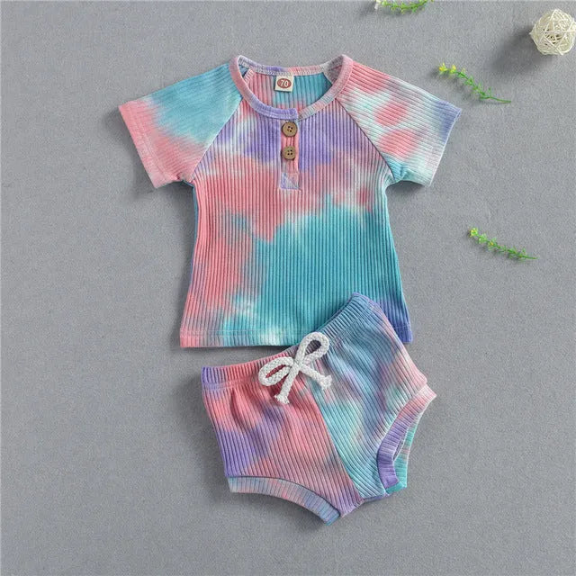 Baby summer tie dyed clothing set with long-sleeve knitted top and shorts in black, pink or yellow, sizes 6M to 24M