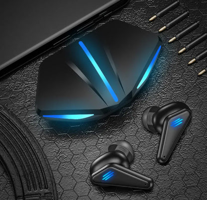 Blue K55 wireless Bluetooth gaming headset with earplug design for mobile gaming
