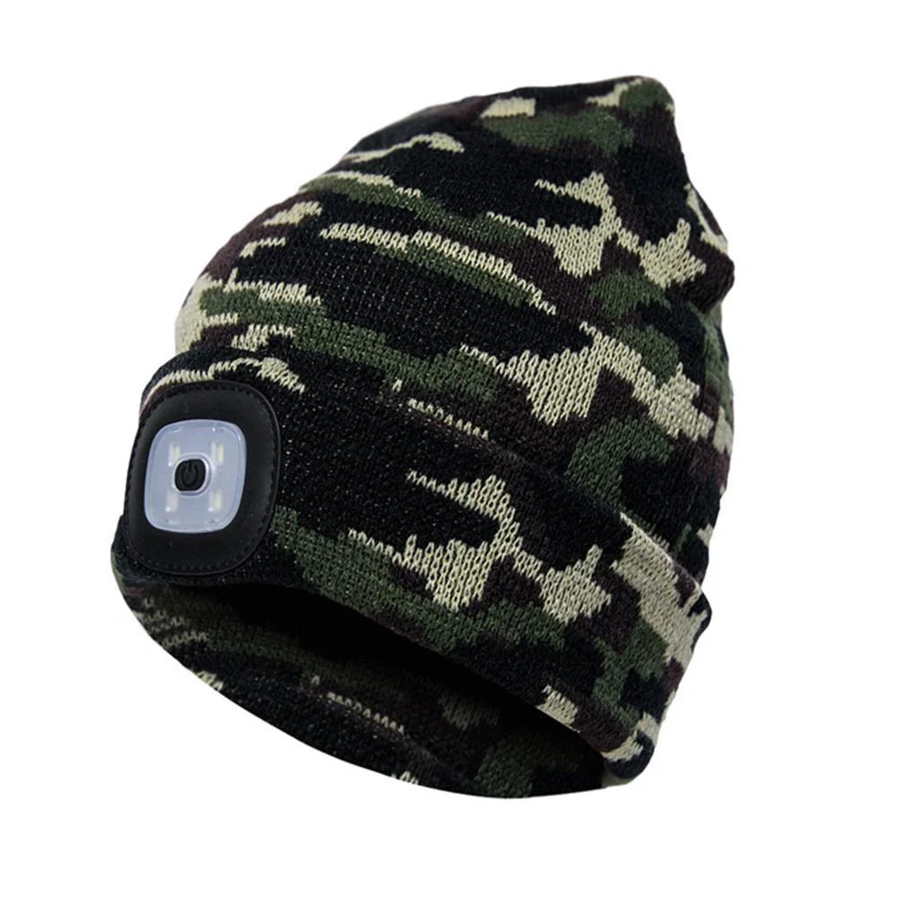 LED knit hat with glowing light for nighttime visibility and warmth