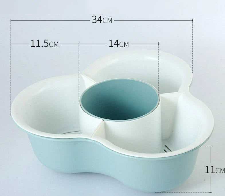 Versatile multifunctional plastic fruit and vegetable organizer basket with detachable compartments, anti-skid base, and space-saving design for kitchen, refrigerator, and home storage and organization.