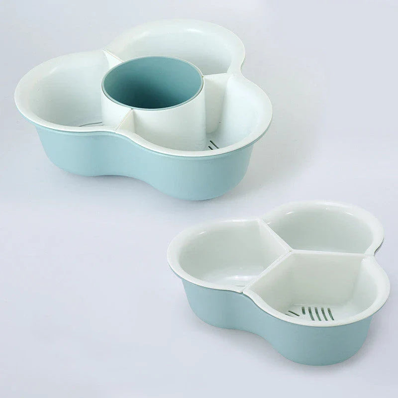 Versatile multifunctional plastic fruit and vegetable organizer basket with detachable compartments, anti-skid base, and space-saving design for kitchen, refrigerator, and home storage and organization.