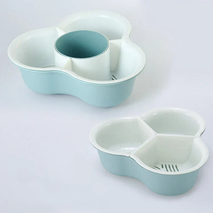 Versatile multifunctional plastic fruit and vegetable organizer basket with detachable compartments, anti-skid base, and space-saving design for kitchen, refrigerator, and home storage and organization.