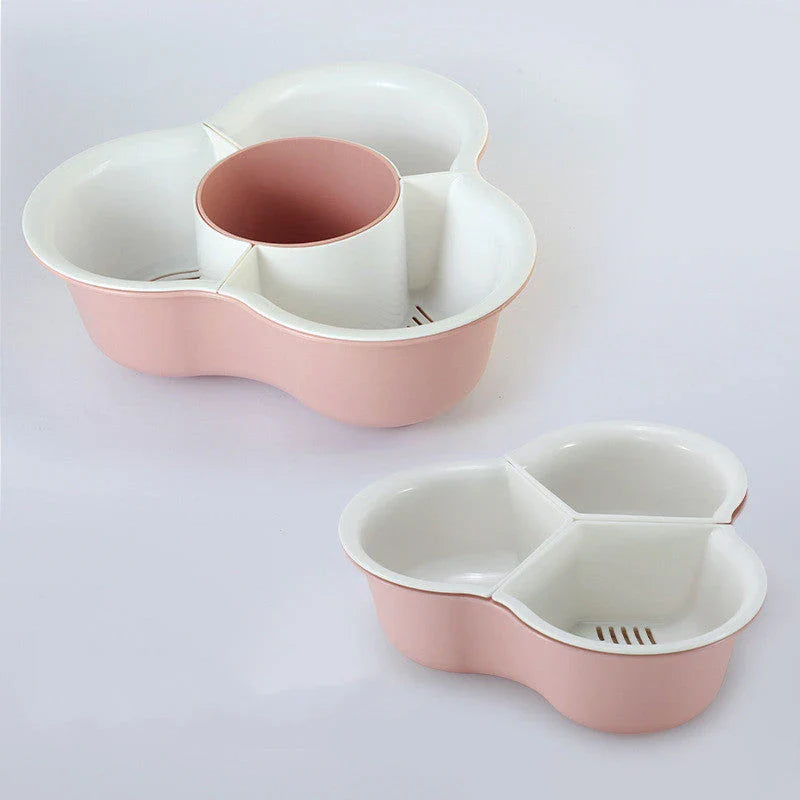 Versatile multifunctional plastic fruit and vegetable organizer basket with detachable compartments, anti-skid base, and space-saving design for kitchen, refrigerator, and home storage and organization.