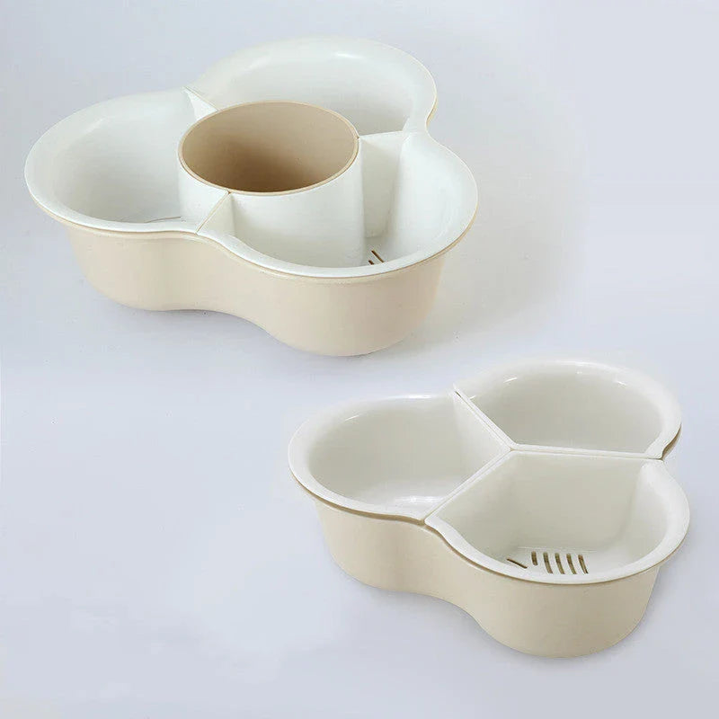 Versatile multifunctional plastic fruit and vegetable organizer basket with detachable compartments, anti-skid base, and space-saving design for kitchen, refrigerator, and home storage and organization.