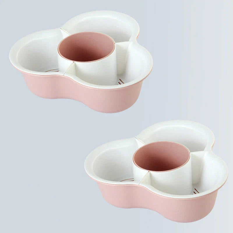 Versatile multifunctional plastic fruit and vegetable organizer basket with detachable compartments, anti-skid base, and space-saving design for kitchen, refrigerator, and home storage and organization.
