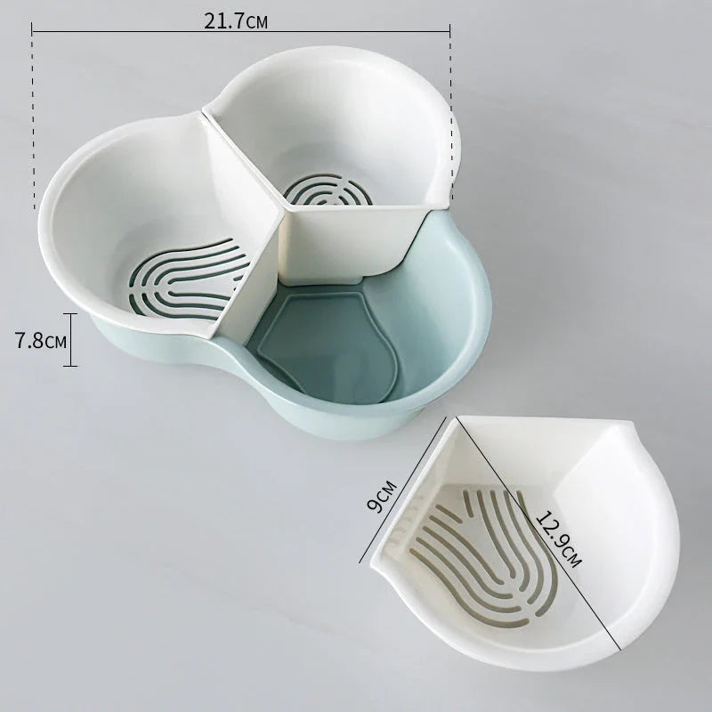 Versatile multifunctional plastic fruit and vegetable organizer basket with detachable compartments, anti-skid base, and space-saving design for kitchen, refrigerator, and home storage and organization.