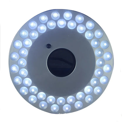 White LED light with 48 LEDs, hook attachment, and ABS plastic casing, measuring 14.5cm in diameter.