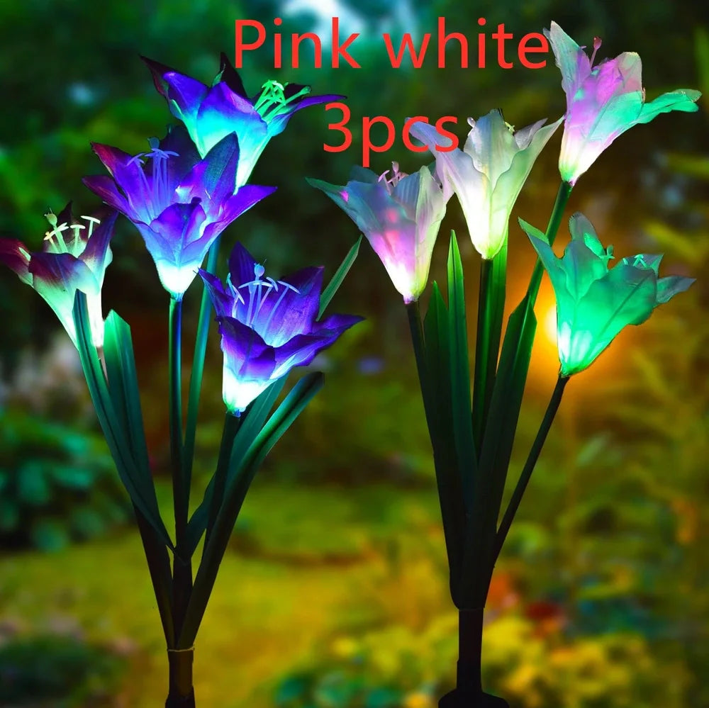 Solar-powered garden light with lily shape and LED bulbs in outdoor setting