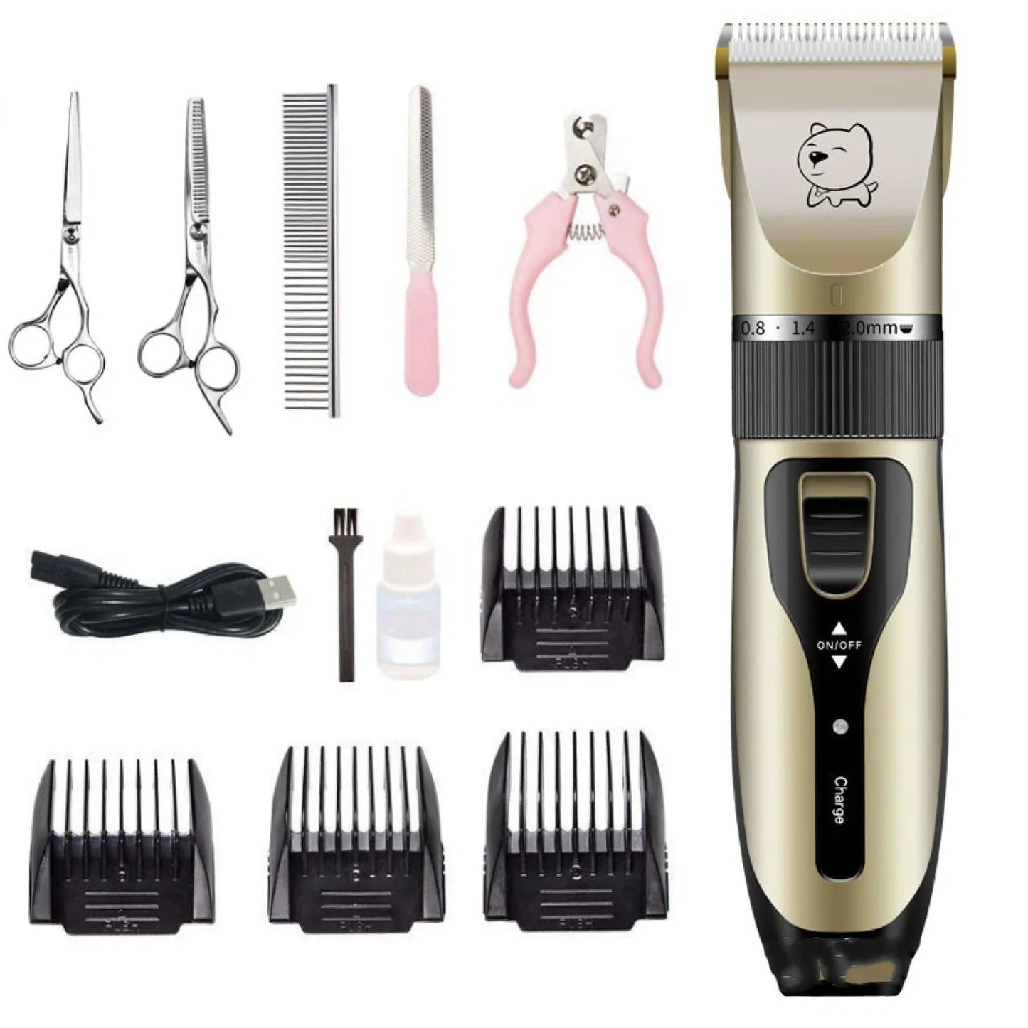 Bodaner rechargeable pet hair clipper with comb attachments for dog grooming measuring 18cm length