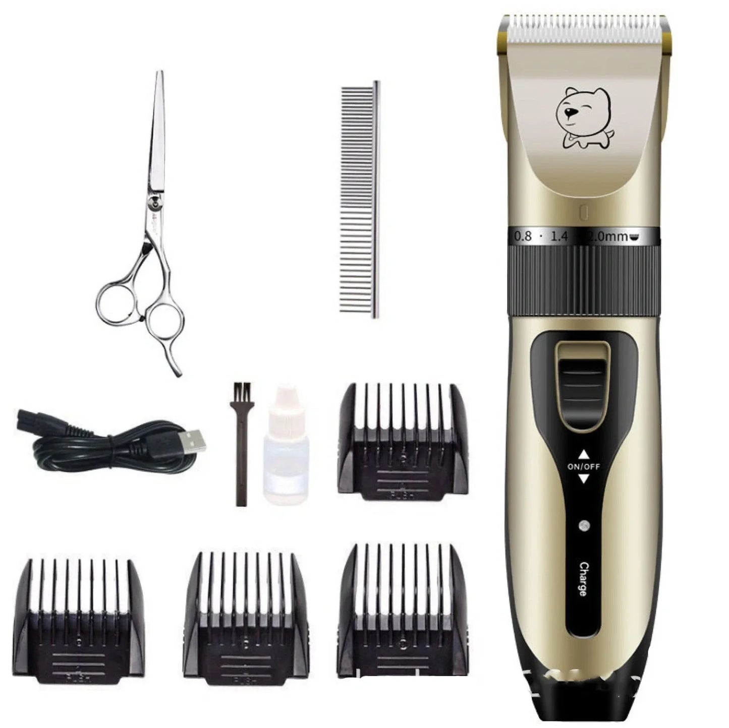 Bodaner rechargeable pet hair clipper with comb attachments for dog grooming measuring 18cm length