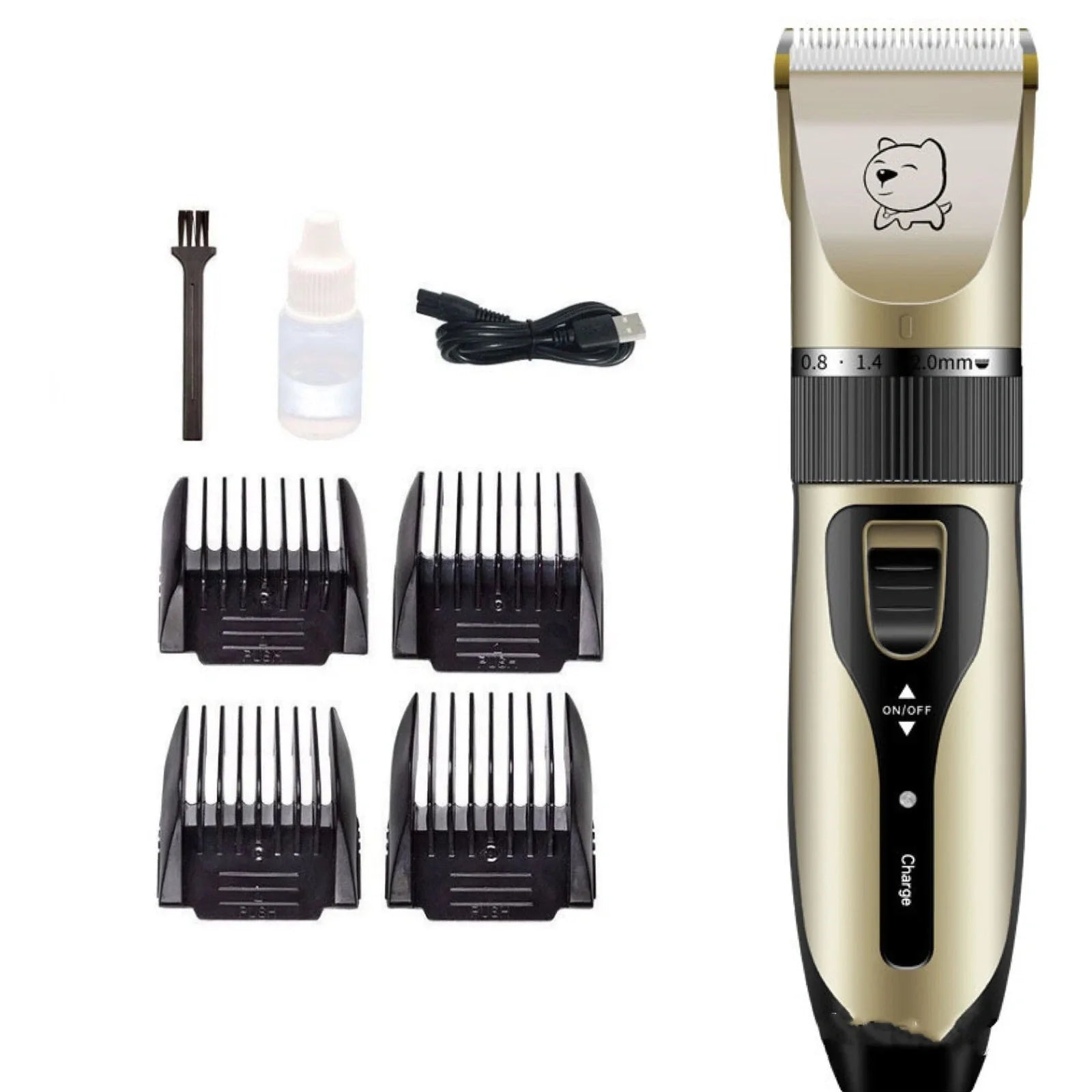 Bodaner rechargeable pet hair clipper with comb attachments for dog grooming measuring 18cm length