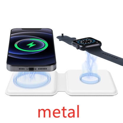 White foldable magnetic wireless charger showing dual charging surfaces and 180° folding mechanism