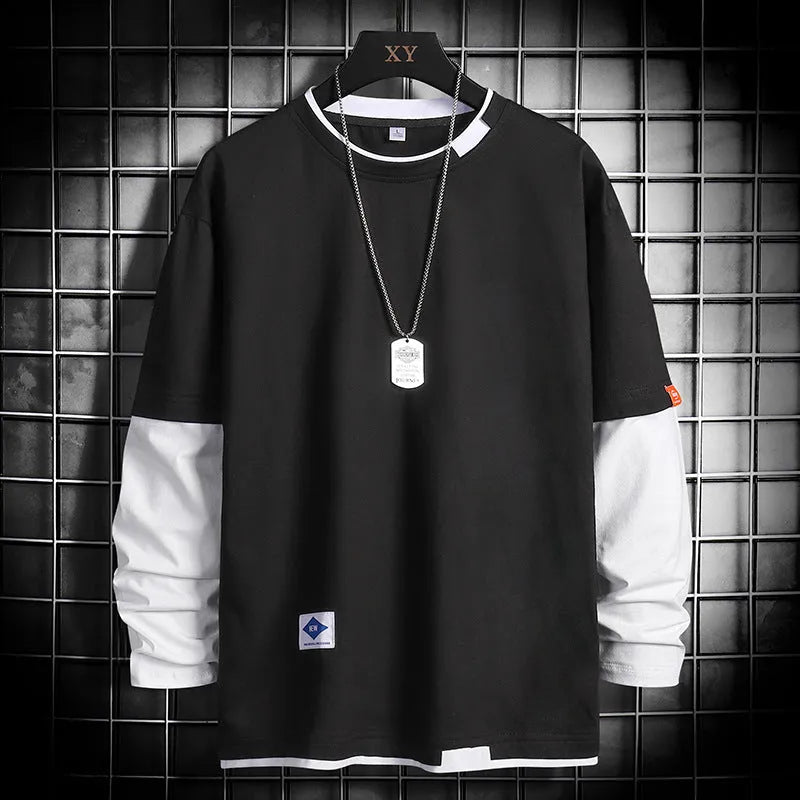 Long sleeve round neck top in black, blue, dark grey or white, loose fit plain design for autumn layering