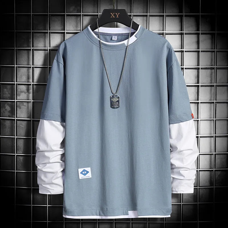 Long sleeve round neck top in black, blue, dark grey or white, loose fit plain design for autumn layering