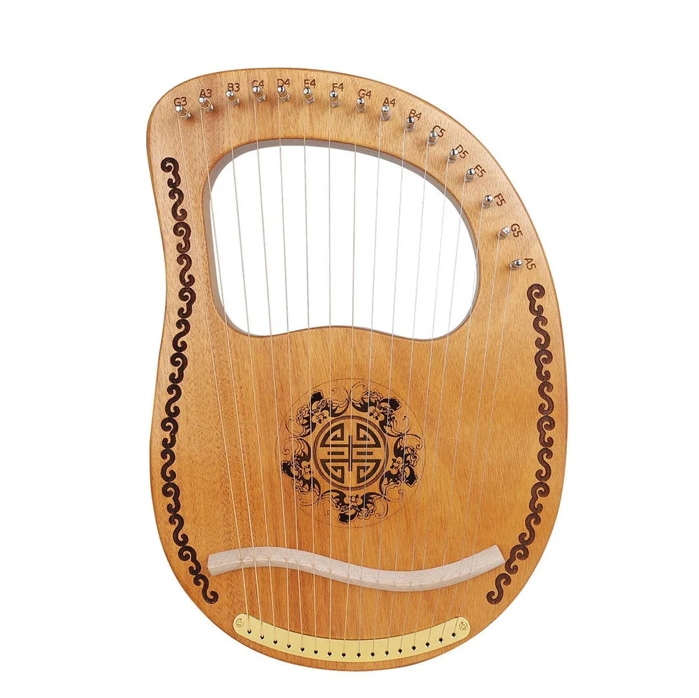 Small mahogany harp measuring 37cm wide with original wood colour and included tuning accessories