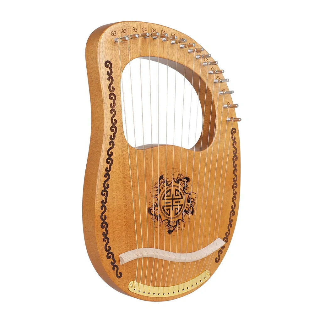 Small mahogany harp measuring 37cm wide with original wood colour and included tuning accessories