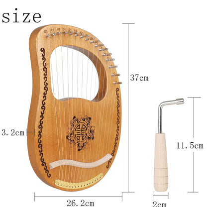 Small mahogany harp measuring 37cm wide with original wood colour and included tuning accessories