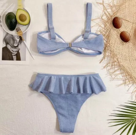 Ladies ruffle knitted fabric bikini in blue, sizes S, M, L available