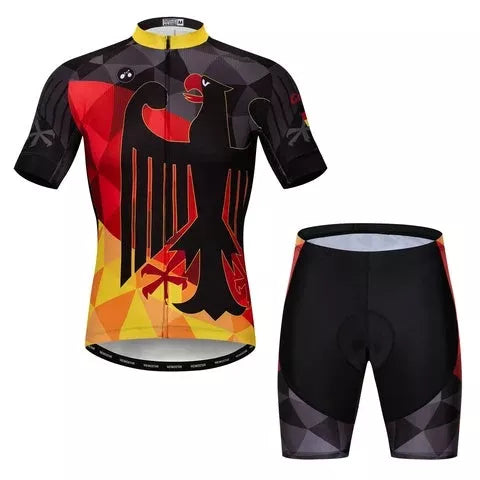 Custom cycling suit in red with moisture-wicking technology for summer sports