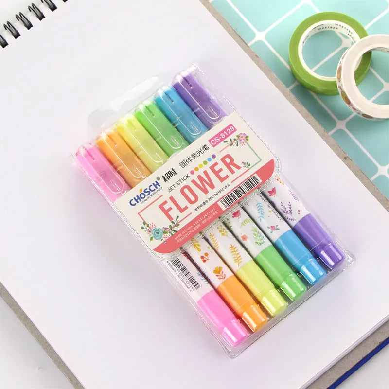 Solid highlighter marker pen with round head tip in 6-colour set including fluorescent and retro colour options