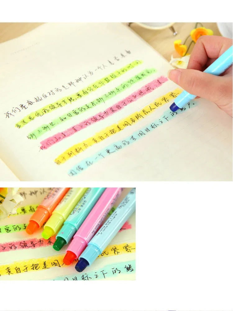 Solid highlighter marker pen with round head tip available in 6-colour sets including fluorescent and retro colour options, suitable for note-taking, study revision, and office document marking with choice of single or multiple packs.