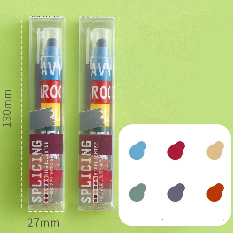 Solid highlighter marker pen with round head tip in 6-colour set including fluorescent and retro colour options