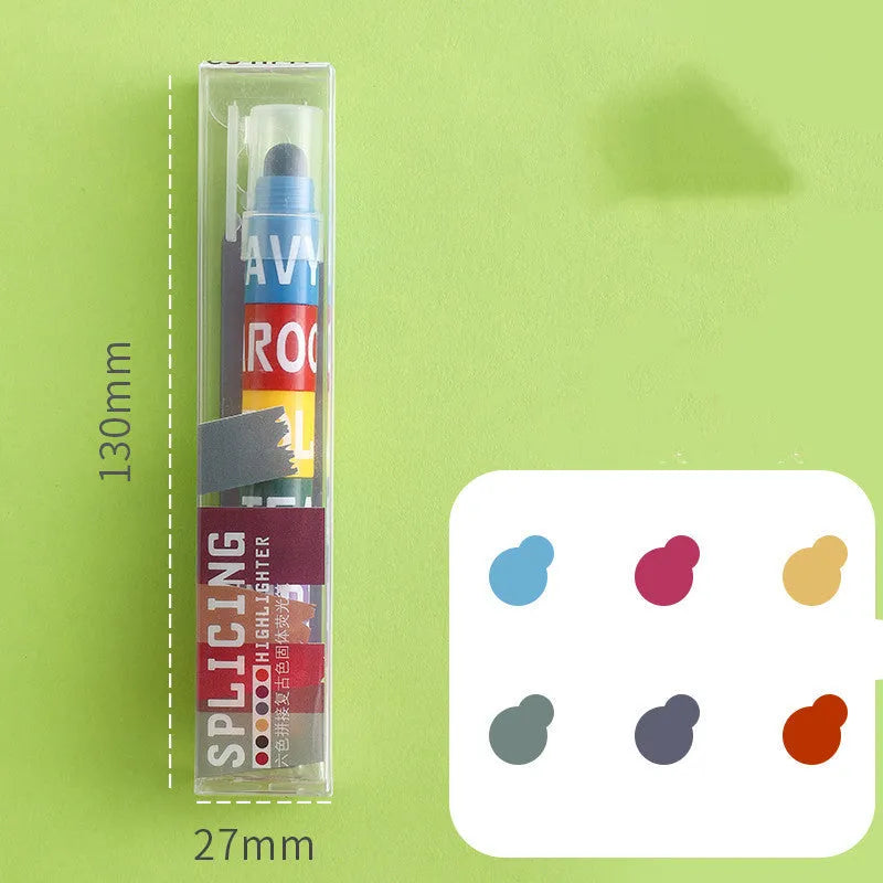 Solid highlighter marker pen with round head tip in 6-colour set including fluorescent and retro colour options