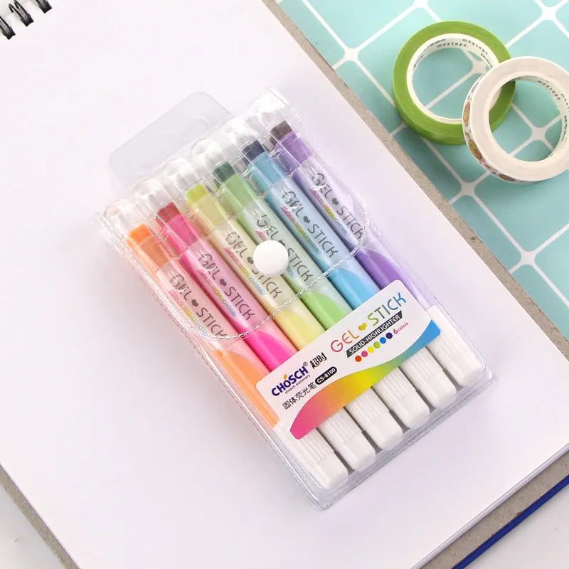Solid highlighter marker pen with round head tip in 6-colour set including fluorescent and retro colour options