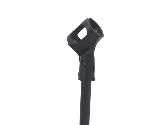 Black metal desktop microphone bracket with triangular base and plastic clip