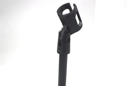 Black metal desktop microphone bracket with triangular base and plastic clip