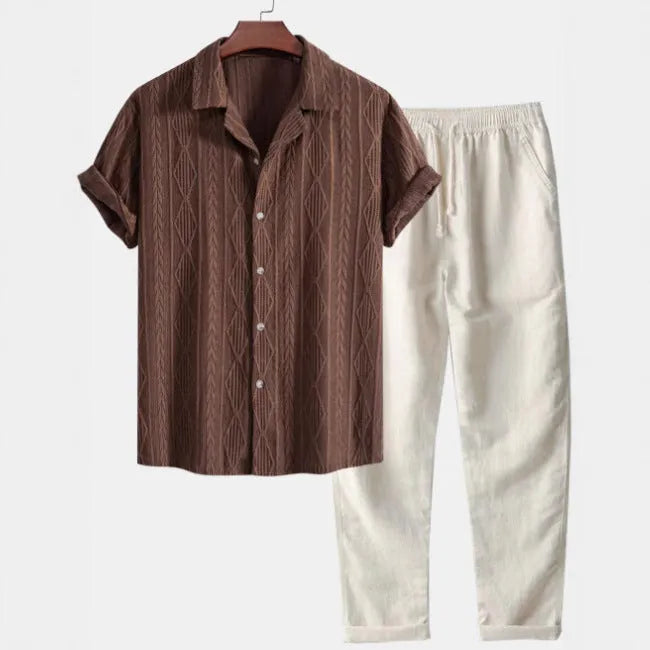 Slim-fit casual suit with digital camouflage print, short-sleeved lapel shirt, and matching trousers for leisure wear