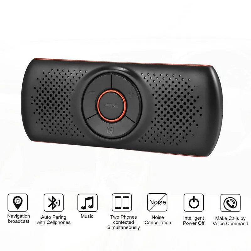 Orange Bluetooth car hands-free speaker mounted on vehicle sun visor for wireless phone calls and music