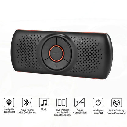Orange Bluetooth car hands-free speaker mounted on vehicle sun visor for wireless phone calls and music