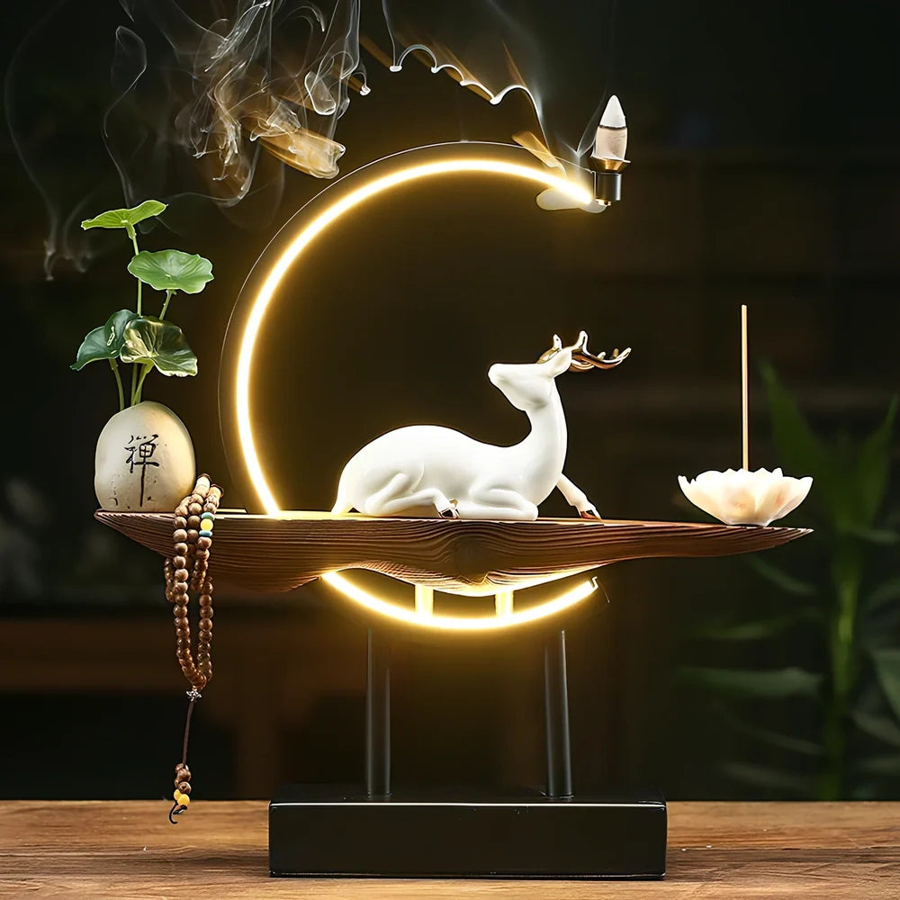 White ceramic deer sculpture with integrated light ring and USB cable for living room decoration