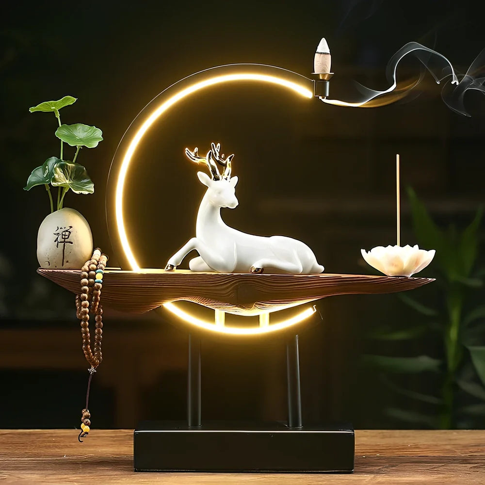 White ceramic deer sculpture with integrated light ring and USB cable for living room decoration