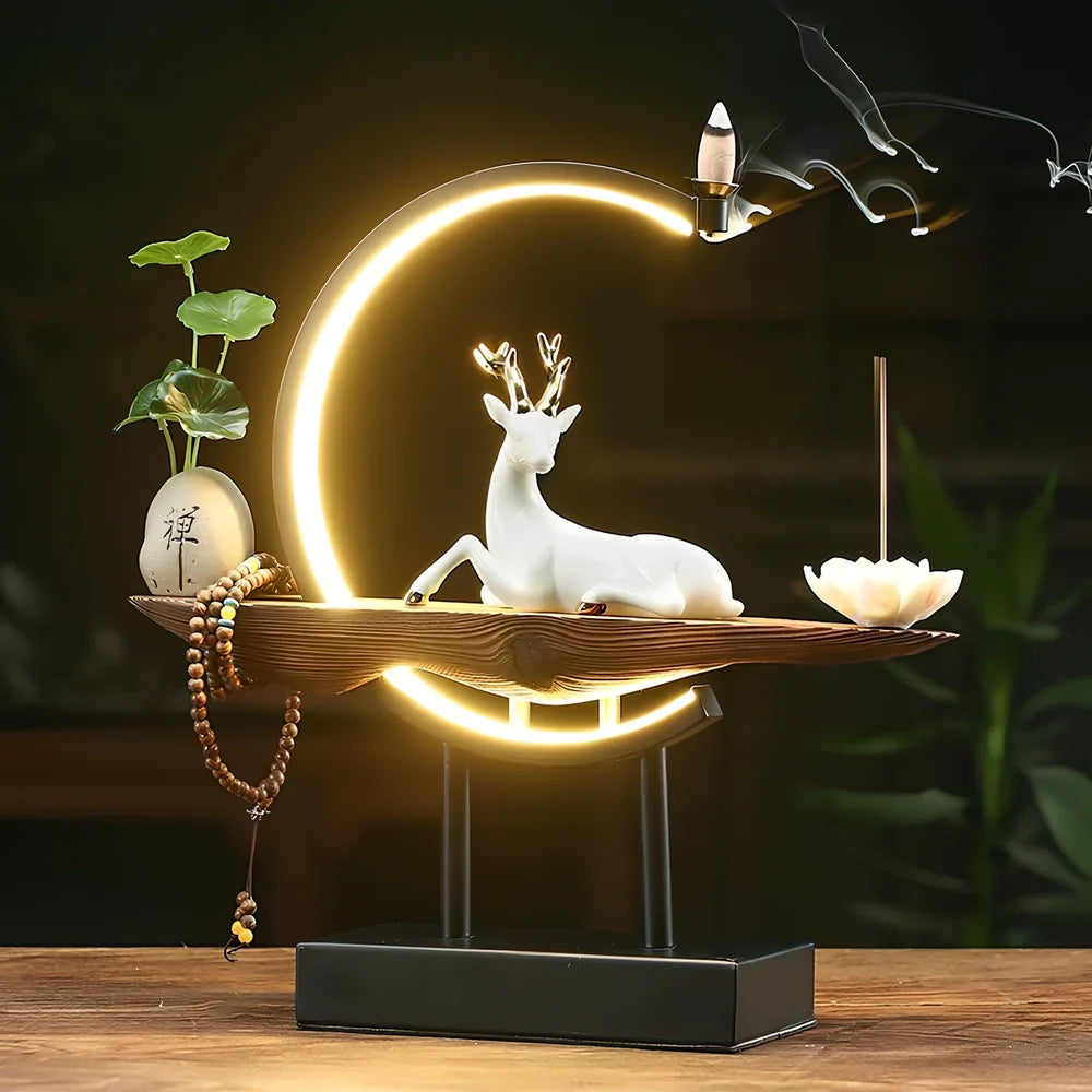 White ceramic deer sculpture with integrated light ring and USB cable for living room decoration