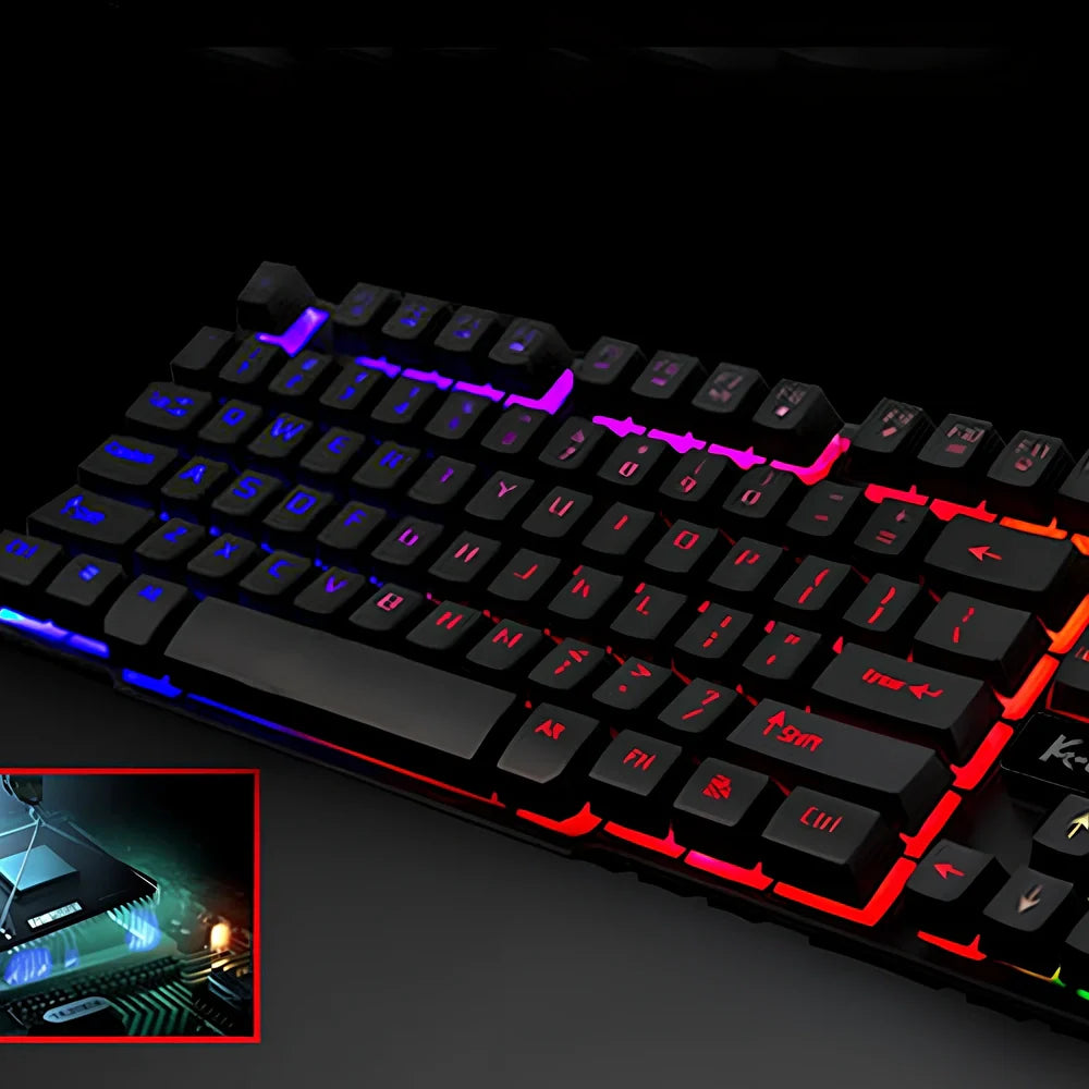Black USB gaming keyboard with 104 keys, backlight illumination and waterproof design