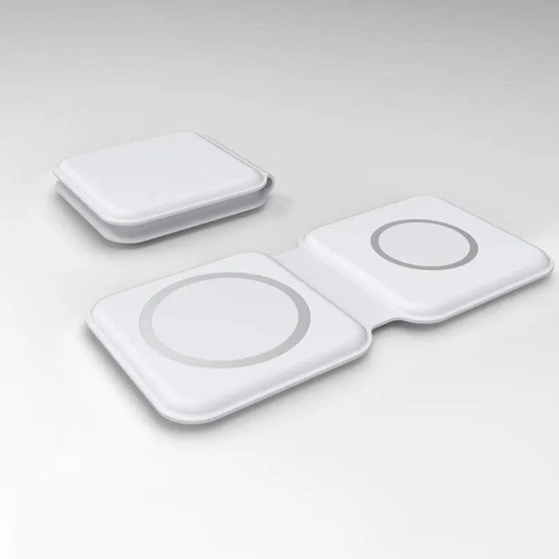 White foldable magnetic wireless charger showing dual charging surfaces and 180° folding mechanism