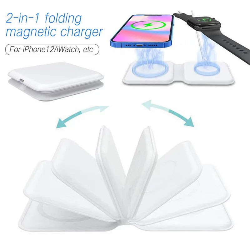 White foldable magnetic wireless charger showing dual charging surfaces and 180° folding mechanism